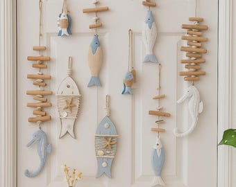 Décoration murale poisson côtier et hippocampe | Décoration nautique en bois flotté