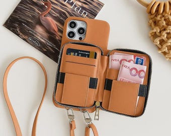 Funda tipo cartera de piel sintética para iPhone – Funda con cremallera y tarjetero para llevar cruzada, con correa, protección completa de 360 grados.