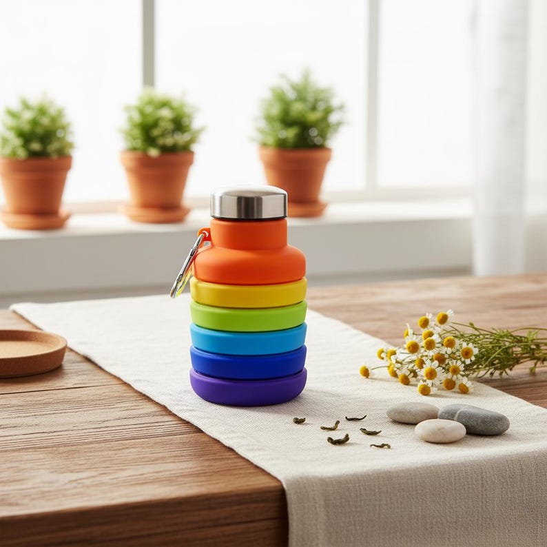 Puede incluir: Una botella de agua de silicona plegable con un degradado de colores arco&iacute;ris en segmentos naranja, amarillo, verde, azul y morado. La botella tiene una tapa de rosca met&aacute;lica plateada y un peque&ntilde;o mosquet&oacute;n plateado en el cuello.