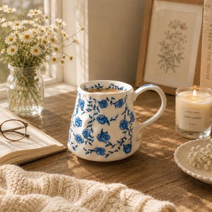 Blue Floral Ceramic Mug, Handmade Coffee Mug, Cottagecore Tea Cup, Vintage Pottery Mug, Farmhouse Kitchen Cup, Cute Gift for Her