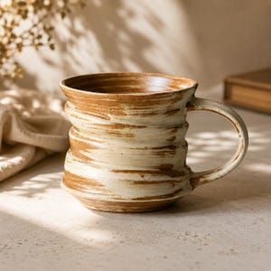 Puede incluir: Una taza de cerámica con una base de color crema y patrones de pinceladas marrones horizontales. La taza tiene un cuerpo cilíndrico ancho con tres crestas horizontales distintas y un asa curva que se extiende desde el lado derecho.