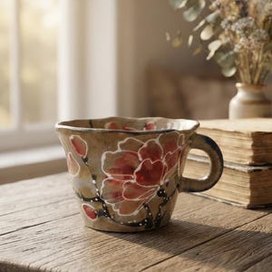 Puede incluir: Una taza de cerámica con base de color beige que presenta motivos florales rojos pintados a mano con contornos blancos y tallos negros. La taza tiene un borde ancho ligeramente irregular y un asa resistente en el lado derecho.