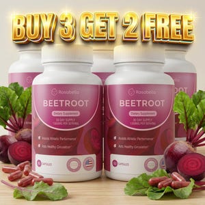 May include: A product shot of Rosabella Beetroot dietary supplement bottles. The bottles are white with a pink label, and the text "BUY 3 GET 2 FREE" is at the top. The image includes capsules, beetroots, and leaves.