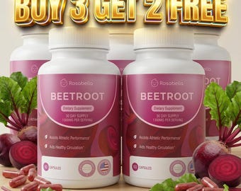 Buy three, get two free Rosabella Organic Beet Root Capsules(300count)Circulation and Vitality Support, Detox, Immunity Natural Dietary