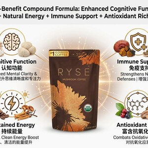 May include: A bag of RYSE mushroom coffee with the text "Mushroom Coffee" and "USDA Organic". The image highlights benefits like cognitive function, natural energy, immune support, and antioxidant richness. The bag is brown with a floral design.