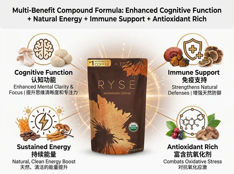 May include: A bag of RYSE mushroom coffee with the text "Mushroom Coffee" and "USDA Organic". The image highlights benefits like cognitive function, natural energy, immune support, and antioxidant richness. The bag is brown with a floral design.