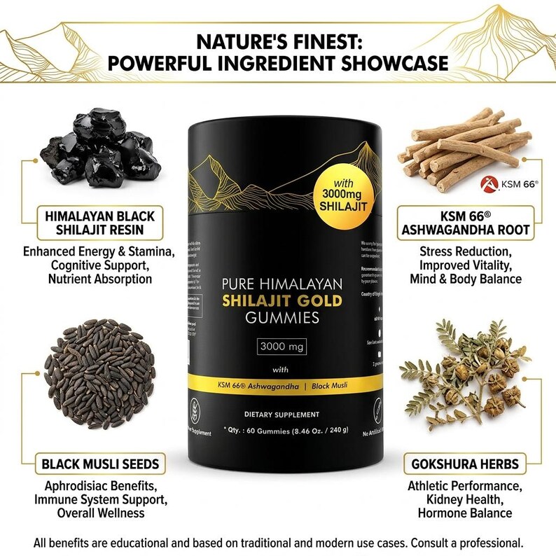May include: A product image showcasing the ingredients of Pure Himalayan Shilajit Gold Gummies. The image features Himalayan Black Shilajit Resin, Black Musli Seeds, KSM 66&reg; Ashwagandha Root, and Gokshura Herbs. The product is a dietary supplement with 60 gummies.