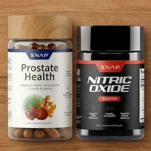 May include: Two supplement bottles on a wooden surface. One clear bottle with a wooden lid is labeled "Prostate Health." The other is a black bottle labeled "Nitric Oxide Booster."