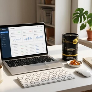 May include: A modern workspace with a laptop displaying data charts, a wireless keyboard, and a mouse. A mug of coffee, a notebook, and a container of gummies are also on the white desk. A potted plant and a window are in the background.