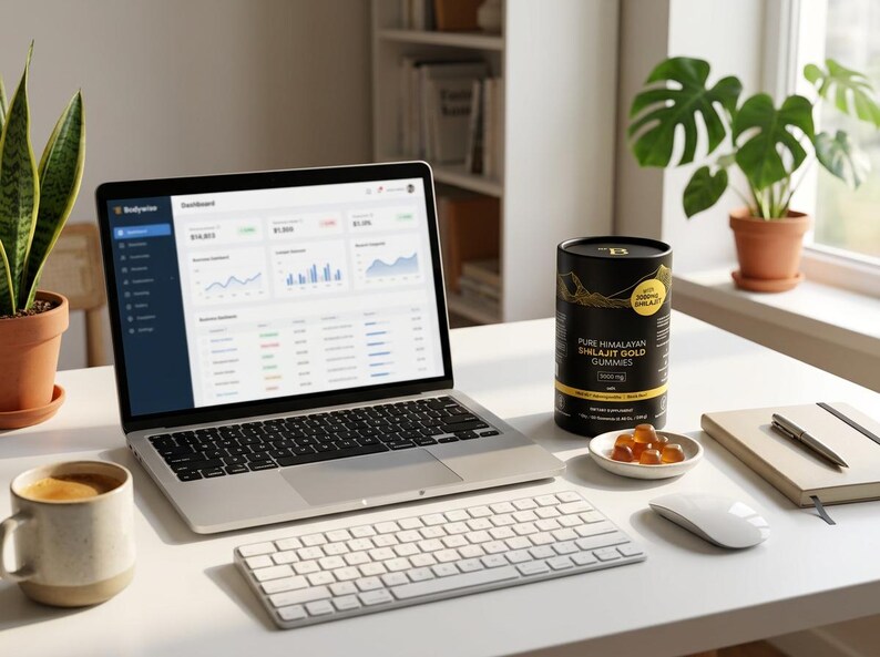 May include: A modern workspace with a laptop displaying data charts, a wireless keyboard, and a mouse. A mug of coffee, a notebook, and a container of gummies are also on the white desk. A potted plant and a window are in the background.