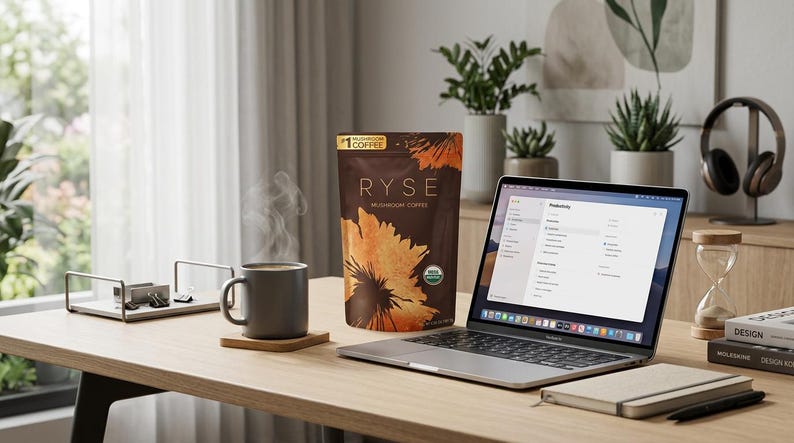 May include: A home office setup with a laptop, coffee, and a bag of RYSE mushroom coffee. A steaming mug sits on a wooden coaster. A notebook, pen, and headphones are also on the desk. The laptop screen displays a productivity app.