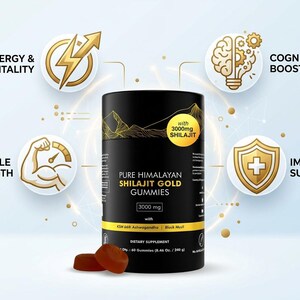 May include: A black cylindrical container of Pure Himalayan Shilajit Gold Gummies, with the text "3000 mg". The image also features icons for energy, cognitive boost, muscle strength, and immune support. Two brown gummies are in the foreground.