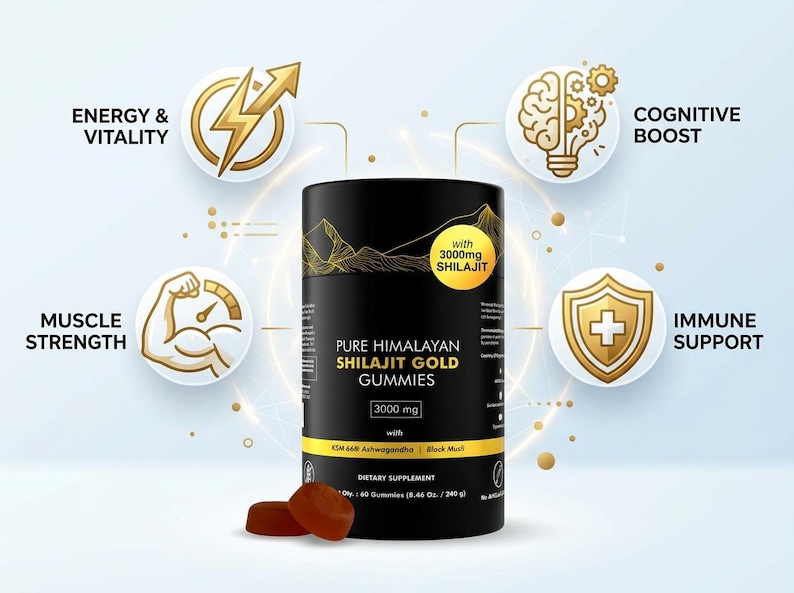 May include: A black cylindrical container of Pure Himalayan Shilajit Gold Gummies, with the text "3000 mg". The image also features icons for energy, cognitive boost, muscle strength, and immune support. Two brown gummies are in the foreground.