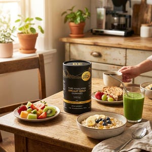 May include: A wooden table is set with a healthy breakfast. A black and gold supplement container sits next to a plate of fruit, a bowl of oatmeal, and a green smoothie. A person is holding a cup of coffee.