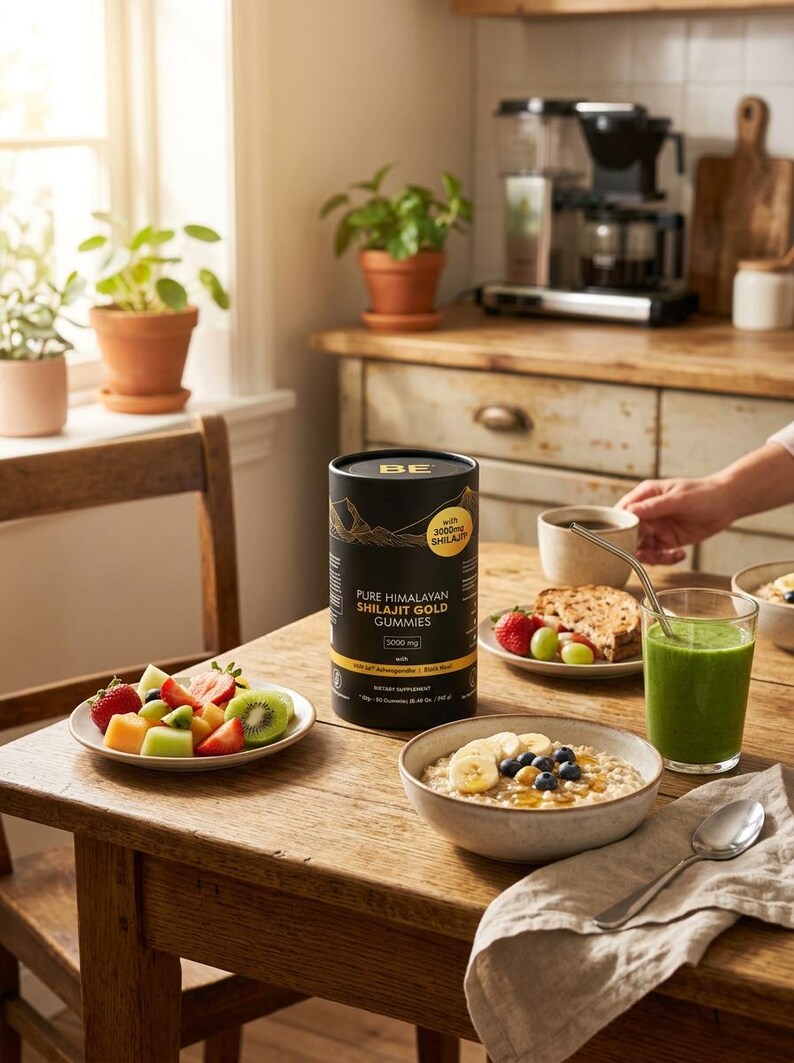 May include: A wooden table is set with a healthy breakfast. A black and gold supplement container sits next to a plate of fruit, a bowl of oatmeal, and a green smoothie. A person is holding a cup of coffee.