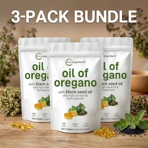 May include: A 3-pack bundle of white pouches labeled "oil of oregano" with black seed oil. The pouches have a zip closure and feature text, oregano sprigs, and softgels. The text "3-PACK BUNDLE" is at the top.