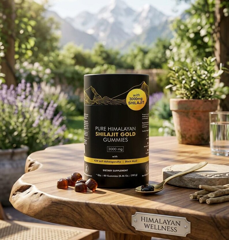 May include: A black cylindrical container of Pure Himalayan Shilajit Gold Gummies, with the text "3000 mg Shilajit" and "Dietary Supplement." Several gummies and a spoon are on a wooden table. The background features a mountain range and greenery.