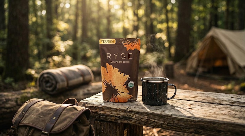 May include: A brown bag of Ryse Mushroom Coffee with a sunflower design and a steaming black speckled enamel mug on a wooden table. A rolled-up blanket, backpack, and tent are in the background, suggesting a camping theme.