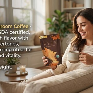 May include: A woman holding a bag of RYSE Mushroom Coffee and a mug of coffee. The bag is brown with a sunflower design and the text "RYSE". The text on the bag says "Organic USDA certified, rich smooth flavor with earthy undertones, 180g net weight."