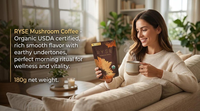 May include: A woman holding a bag of RYSE Mushroom Coffee and a mug of coffee. The bag is brown with a sunflower design and the text "RYSE". The text on the bag says "Organic USDA certified, rich smooth flavor with earthy undertones, 180g net weight."