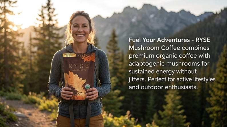 May include: A woman smiles while holding a brown package of RYSE Mushroom Coffee. The package features a sunflower design and the text "RYSE Mushroom Coffee". The background includes trees and mountains, with text that reads "Fuel Your Adventures".