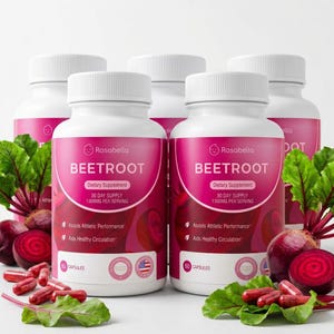 May include: Five white supplement bottles with pink labels reading "BEETROOT" and "Dietary Supplement." The bottles are surrounded by fresh beets, leaves, and capsules. The label states the supplement assists athletic performance and aids healthy circulation.