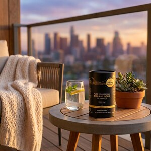 May include: A round wooden table with a glass of water, a small potted plant, and a black container with gold lettering. A chair with a cream-colored blanket is in the background. The background shows a city skyline.