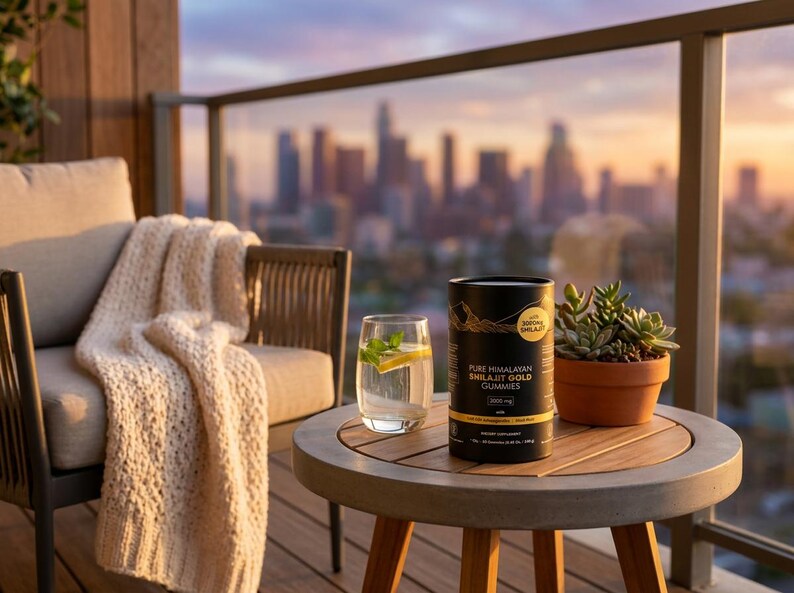 May include: A round wooden table with a glass of water, a small potted plant, and a black container with gold lettering. A chair with a cream-colored blanket is in the background. The background shows a city skyline.