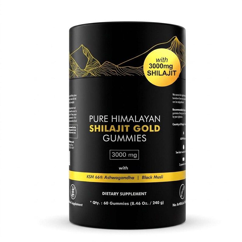 May include: A black cylindrical container of Pure Himalayan Shilajit Gold Gummies. The label features gold mountain illustrations and text that reads "3000mg Shilajit" and "Dietary Supplement". The container holds 60 gummies, 8.46 oz.