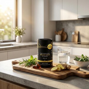 May include: A black cylindrical container of Pure Himalayan Shilajit Gold Gummies sits on a wooden cutting board with ginger slices, herbs, and two gummies. A glass of water and a small bowl of herbs are also present.
