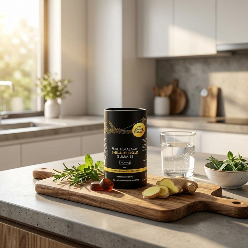 May include: A black cylindrical container of Pure Himalayan Shilajit Gold Gummies sits on a wooden cutting board with ginger slices, herbs, and two gummies. A glass of water and a small bowl of herbs are also present.