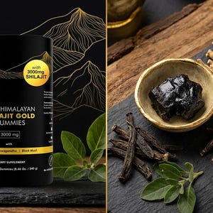May include: A black container of Pure Himalayan Shilajit Gold Gummies with 3000mg Shilajit, next to two orange gummies. The image also shows a bowl of black Shilajit, herbs, and a gold logo.
