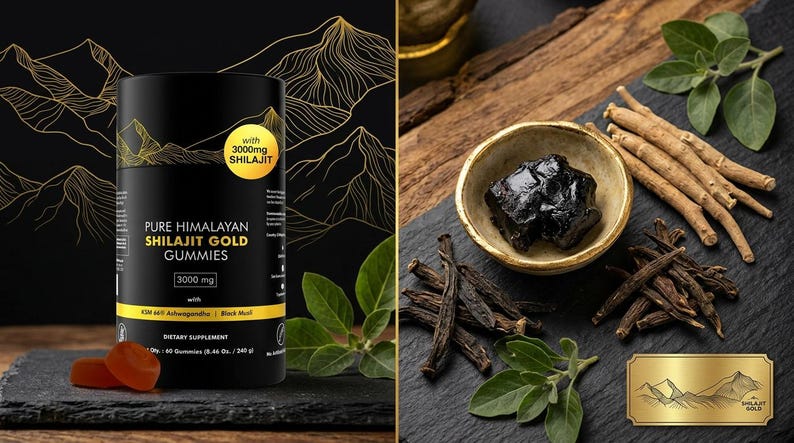 May include: A black container of Pure Himalayan Shilajit Gold Gummies with 3000mg Shilajit, next to two orange gummies. The image also shows a bowl of black Shilajit, herbs, and a gold logo.