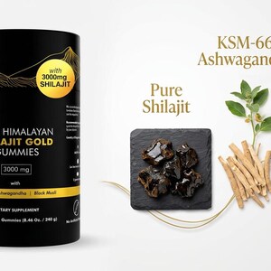 May include: A black cylindrical container of Pure Himalayan Shilajit Gold Gummies with 3000mg Shilajit. Two reddish-brown gummies are in front of the container. The image also shows Pure Shilajit, KSM-66 Ashwagandha, and Black Musli.