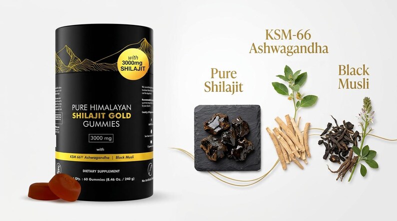 May include: A black cylindrical container of Pure Himalayan Shilajit Gold Gummies with 3000mg Shilajit. Two reddish-brown gummies are in front of the container. The image also shows Pure Shilajit, KSM-66 Ashwagandha, and Black Musli.