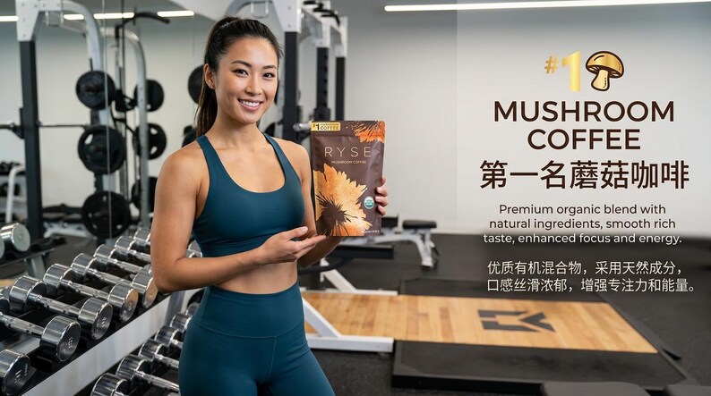 May include: A woman in teal athletic wear holds a bag of RYSE Mushroom Coffee in a gym setting. The bag features a sunflower design. Text on the wall reads "Mushroom Coffee" and "Premium organic blend with natural ingredients, smooth rich taste, enhanced focus and energy."