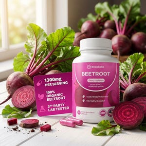 May include: A bottle of Rosabella Beetroot dietary supplement with a pink label, alongside fresh beets and cut beet slices. The label highlights 1300mg per serving, 100% organic beetroot, and 3rd party lab tested. Pink capsules are also visible.
