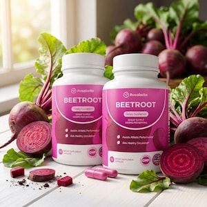 May include: Two white supplement bottles with pink labels, labeled "BEETROOT" and "Dietary Supplement." The image includes fresh beets, beet slices, and capsules. The text on the label says "30 DAY SUPPLY 1300MG PER SERVING." Green leaves and a wooden surface complete the scene.