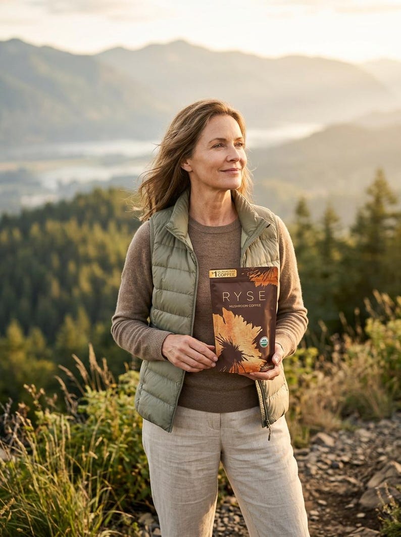 May include: A woman stands outdoors, holding a package of Ryse Mushroom Coffee. She wears a green vest, brown sweater, and light-colored pants. The package features a sunflower design. The background includes a forest and mountains.