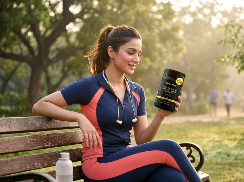 May include: A woman in athletic wear sits on a park bench, holding a black supplement container. The container has gold lettering and a yellow sticker. She wears a navy blue and coral athletic top and leggings. A water bottle sits on the bench.