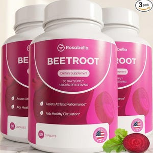 May include: Three white supplement bottles with pink labels. The labels read "Rosabella BEETROOT Dietary Supplement" with details about the product. The bottles are labeled as a 3-pack and include a graphic of a beet and leaves.