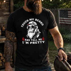 T-Shirts, Classic Fit Graphic Tee - Touch My Beard Design, 100% Cotton 5.3 Oz | Rib Collar, Tearaway Label