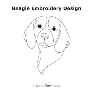 Op de afbeelding: Een zwart-witte lijntekening van een beaglekop. De afbeelding is bovenaan voorzien van het label "Beagle Embroidery Design" en onderaan "Instant Download". De kenmerken van de beagle zijn duidelijk gedefinieerd met eenvoudige lijnen.