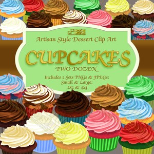 Può includere: Un'illustrazione digitale di due dozzine di cupcakes con vari colori di glassa, tra cui bianco, marrone, rosa, verde e blu. L'immagine include il testo "Artisan Style Dessert Clip Art" e "Cupcakes, Two Dozen."