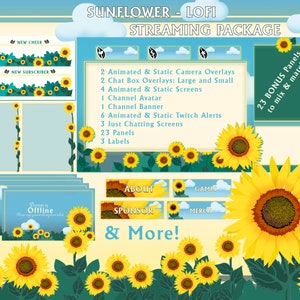 Sunflower Stream パック、アニメーション ウェブカメラ、Twitch パネル、Twitch アラート、Twitch チャット ボックス、ストリーム オーバーレイ、Twitch オーバーレイ、ボーナス デザイン!