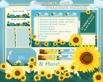 Pack Sunflower Stream, webcam animée, panneaux twitch, alerte twitch, boîte de discussion twitch, superposition de flux, superposition twitch, designs bonus !