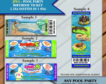 Pool Party Invites, Mermaid Party Themed Ticket Invites - Multiple Samples, Please Choose one, JPEG only, You Print or send as e-card