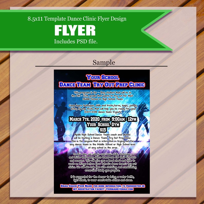 K&ouml;nnte beinhalten: Flyer-Design f&uuml;r eine Tanzklinik, mit einem gr&uuml;nen Banner mit dem Text "FLYER" und "Includes PSD file." Der Hauptteil des Flyers ist blau und wei&szlig;, mit Text zur F&ouml;rderung einer Tanzteam-Vorbereitungsklinik f&uuml;r Sch&uuml;ler der Mittel- und Oberstufe.