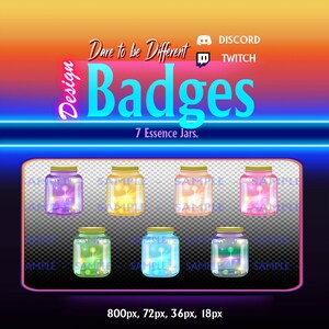 Pode incluir: Design digital com a palavra "Badges" em turquesa e o texto "Dare to be Different" acima. São exibidos sete frascos de essência, cada um com um esquema de cores exclusivo e uma marca d'água "SAMPLE".