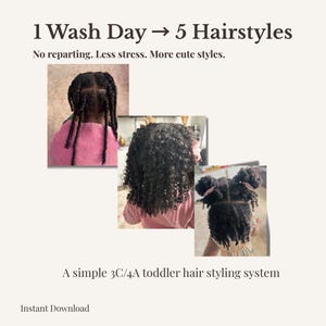 Könnte beinhalten: Ein digitaler Leitfaden mit dem Titel 1 Wash Day -> 5 Hairstyles, No reparting. Less stress. More cute styles. Er enthält drei Fotos, die verschiedene Stylingtechniken für lockiges Haar zeigen, ein einfaches 3C/4A-Haarstyling-System für Kleinkinder.